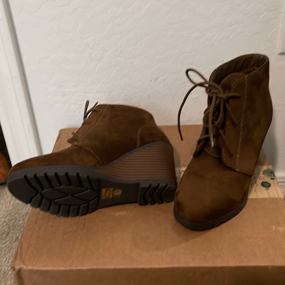 Brown wedge booties